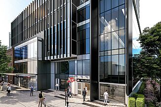 Outside entrance of the Clover on Yonge residential building located in Toronto. The upscale facility utilize REGUPOL acoustics to ensure premium acoustics.