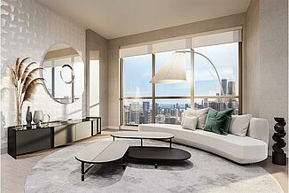 An upscale living room in the Clove on Yonge residential complex in Toronto. The facility is located near a number of noise factors, utilizing REGUPOL vibration 450 ensures noise insulation.