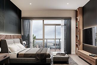 Bedroom in the Clover on Yonge complex, offering a mix of dark elements and wood features. REGUPOL acoustics are utilized throughout the facility for noise insulation.