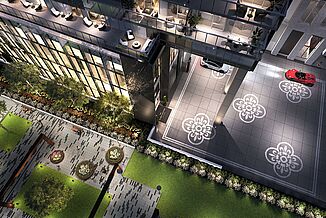 View of the upscale courtyard and parking area, as well as terraces offered at Clover on Yonge facility. The facility featured REGUPOL acoustics for premium noise insulation.