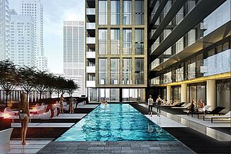 View of the pool area at the Clover on Yonge residential facility. The upscale residential location utilized REGUPOL acoustics to ensure noise insulation for residents whether they are indoors or outdoors.