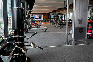 Well-Equipped Corporate Fitness Center with REGUPOL aktiv Flooring A spacious fitness center with a variety of weightlifting equipment, cardio machines, and open floor space.